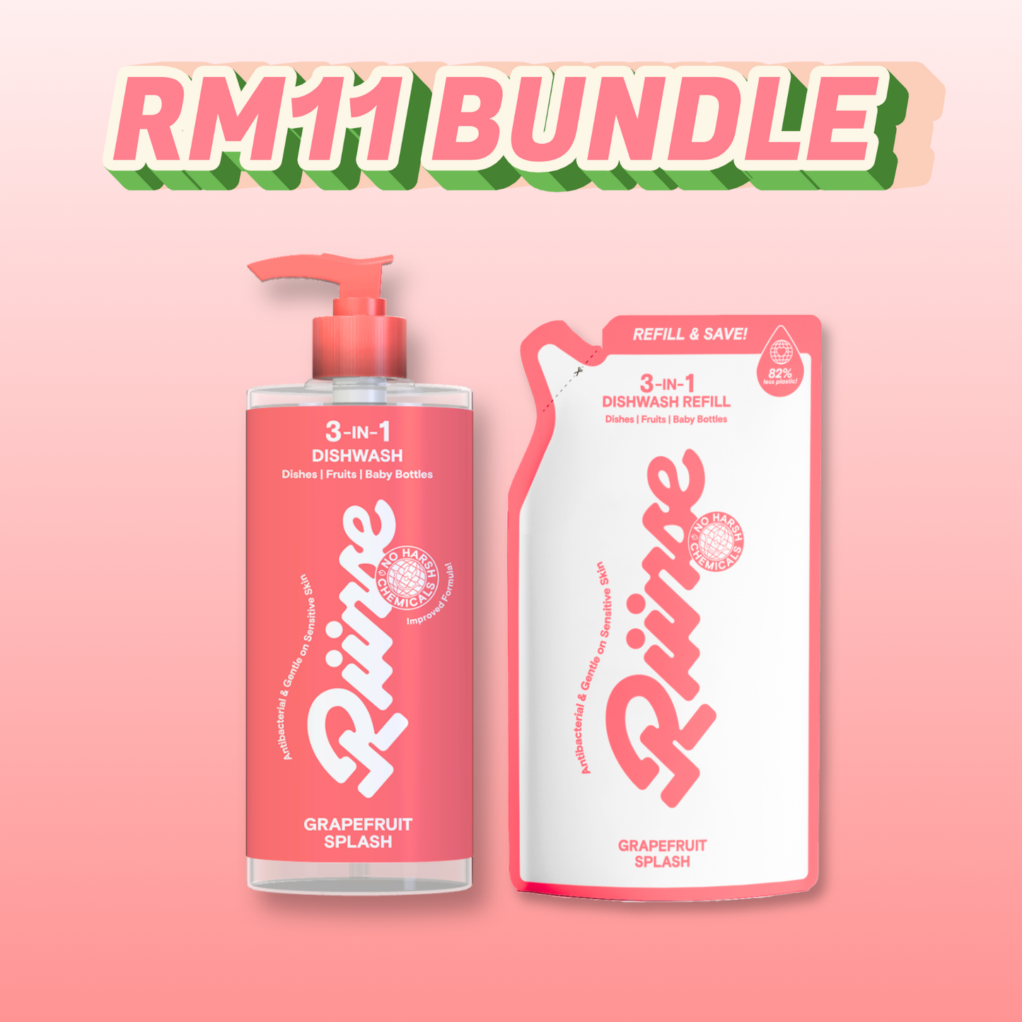 11.11 3-in-1 Dishwash Grapefruit Splash - 1 Bottle 600ml + 1 Refill 500ml